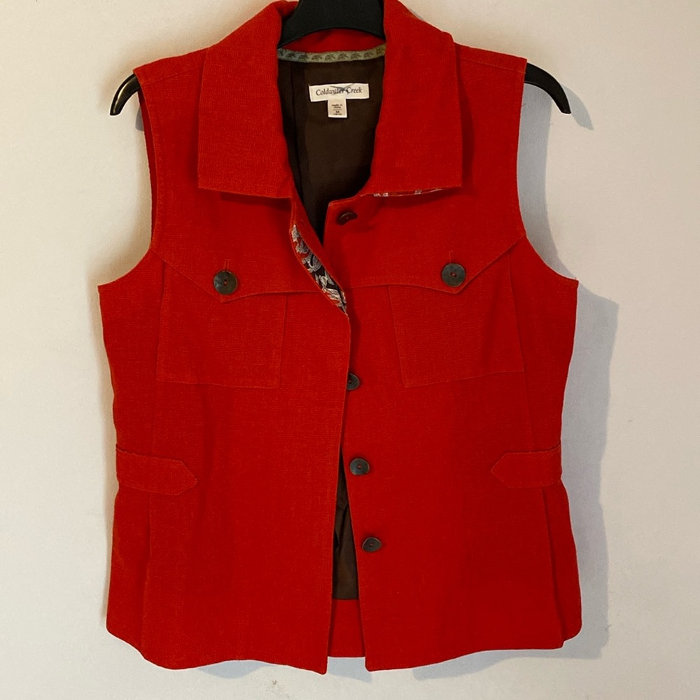 Coldwater Creek Linen Blend Vest. Deep Orange w/Brown & Cream Accents. VGUC. Med